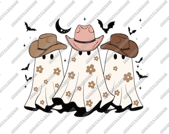 May include: Three white ghosts wearing cowboy hats. The ghosts have brown floral patterns on their gowns. The hats are brown, pink, and brown. The ghosts are against a white background.