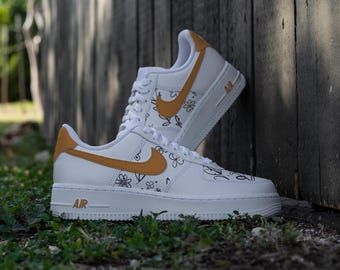 Nike Air Force 1 One Custom Flower Floral Orange Sneakers
