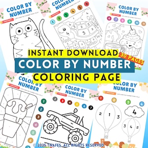 30 Color by number pages for kids – fun printable coloring book for toddlers, preschool, homeschool, activity pages, kids coloring book