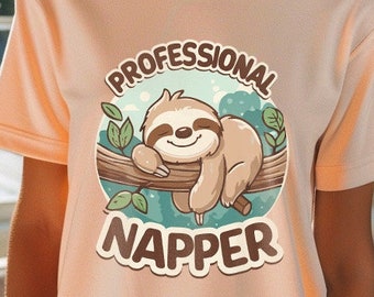 Professional Napper - Funny Sloth Graphic t-shirt - Cozy Short Sleeve Tee - Cute Animal Sleeping - Humorous Sloth Shirt -  Lazy Day Humor