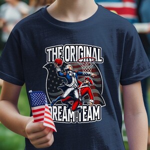 La camiseta juvenil original del Dream Team - Camiseta juvenil divertida del 4 de julio - Gráfico de George Washington Dunking - Camisa patriótica humorística