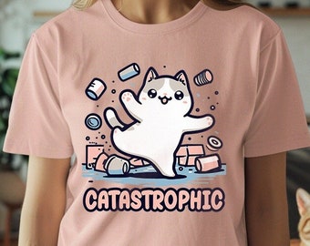 Catastrophic - Funny Cat T-Shirt - Leaping Cat Graphic - Humorous Animal Tee - Playful Feline Shirt - Casual Relaxed Fit - Fun Gift Idea