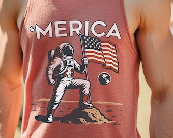 Merica USA Astronaut Tank - Funny 4th of July Tank Top - Patriotic USA Moon Landing Shirt - Funny Summer America Tank Top - Independence Day