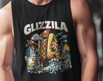 Glizzila Funny Monster Movie tank top - hotdog gift, novelty graphic tee, snack lover. Glizzy Joke Tee