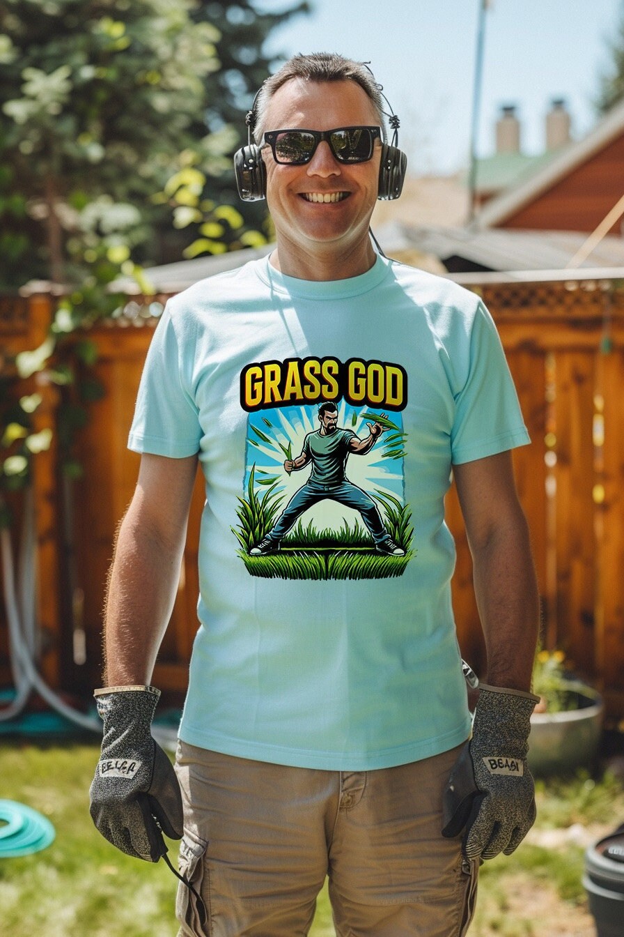 Grass God - Funny Father's Day Lawn Care T-Shirt - Heroic Lawn Maintenance Graphic - Humorous Dad Tee - Grass Shirt - Dad Joke T-Shirt