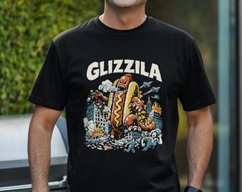 Glizzila Funny Monster Movie T-Shirt - hotdog gift, novelty graphic tee, snack lover. Glizzy Joke Tee