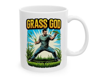 Grass God - Funny Lawn Care Mug - Heroic Lawn Maintenance Graphic - Humorous Dad Drinkware - Perfect Grass Cup - Dad Joke Mug (11oz, 15oz)