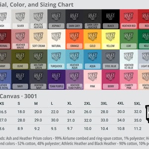 May include: A Bella+Canvas 3001 sizing chart for t-shirts, showing measurements in inches for width, length, and sleeve length. The chart includes sizes XS to 5XL. The chart also shows a color palette of different t-shirt colors.