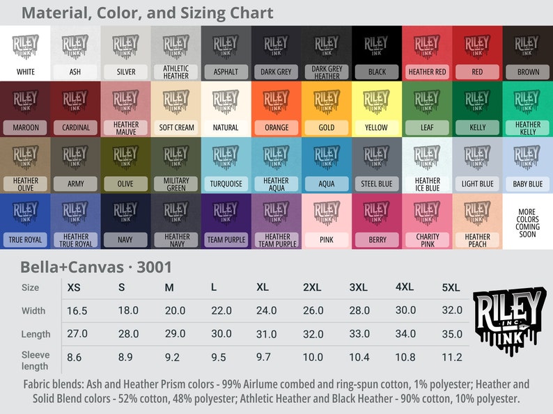 May include: A Bella+Canvas 3001 sizing chart for t-shirts, showing measurements in inches for width, length, and sleeve length. The chart includes sizes XS to 5XL. The chart also shows a color palette of different t-shirt colors.