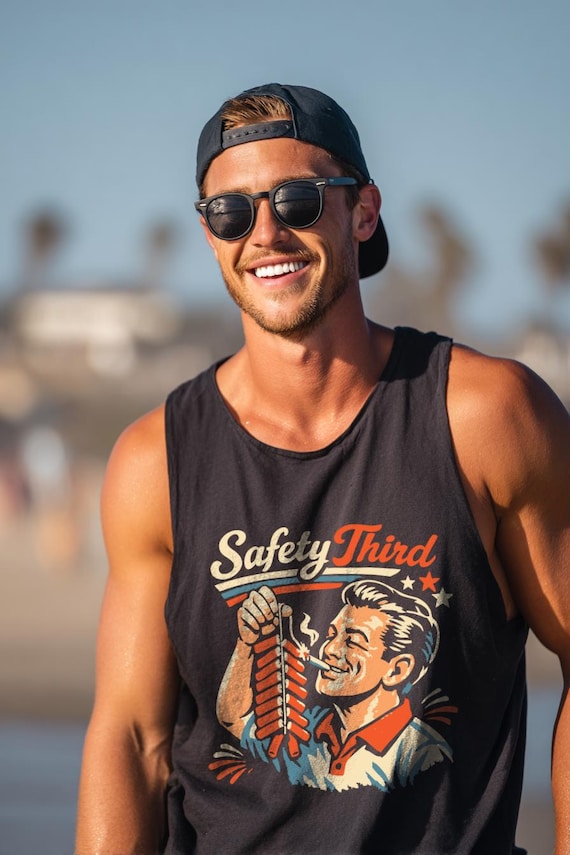Safety Third Firecracker tank top - Funny Fourth of July Gift, Dad Humor Tee, Independence Day Fireworks tank top