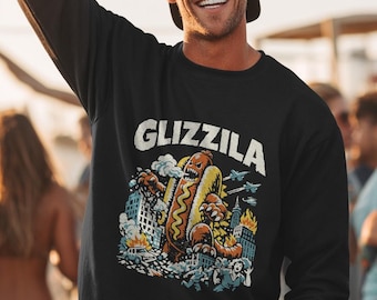 Glizzila Funny Monster Movie sweatshirt - hotdog gift, novelty graphic tee, snack lover. Glizzy Joke Tee