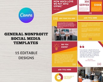 Może przedstawiać: Zestaw 15 edytowalnych szablonów mediów społecznościowych dla organizacji non-profit. Szablony mają czerwono-żółtą kolorystykę z tekstem "Ogólne szablony mediów społecznościowych dla organizacji non-profit" i "15 edytowalnych projektów".