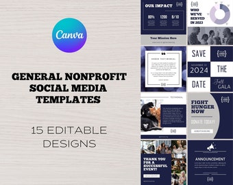 May include: A collection of 15 editable social media templates for non-profit organizations. The templates feature a blue and white color scheme with text such as "Our Impact", "Save the Date", "Fight Hunger Now", and "Thank You for a Successful Event!"