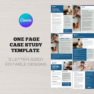 May include: A one-page case study template for a program that trains service dogs. The template features a blue and white color scheme with images of dogs and their owners. The text includes the program name, "A Great Cause", and the case study title, "Emma & Max".