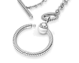 Silver Pandora  O Pendant T-bar Necklace Upgrade Your Charm Game with a T-Bar Charms Pendant 50cm Long Chain, Contemporary Handmade Look