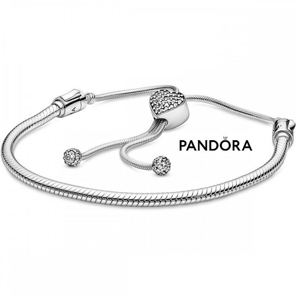 Silver Pandora Bracelet Moments Pavé Heart Clasp Snake Chain Slider Personal and Crafted for the Perfect Present, Adding a Touch of Luxury