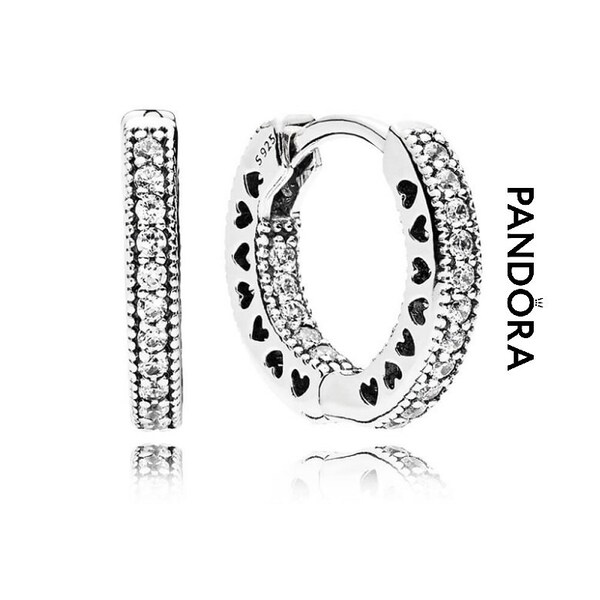 Pandora Pavé Heart Sterling Silver Hoop Earrings Elegance Trendy Women's Jewellery with Small Rhinestone Cut-Out Hearts, Authentic Item, UK