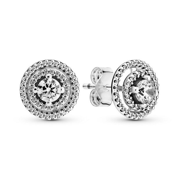 Pandora Double Halo Sterling Silver Stud Earrings Elegant Double Circle Sparkling Studs: UK’s Top Jewellery Trend, Ideal Gift for Her