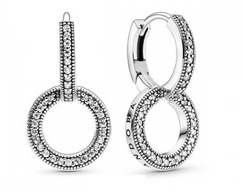 Pandora Double Hoop Sterling Silver  Earrings Sparkly Double Circle Dangle Earrings for Her: Modern and Adorable Gift, Trending Now In UK