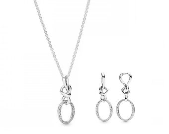 Silver Pandora Knotted Heart Gift Set Pandora Women's Jewellery: Distinctive Heart Pendant Necklace & Silver Drop Earrings Duo Brand New