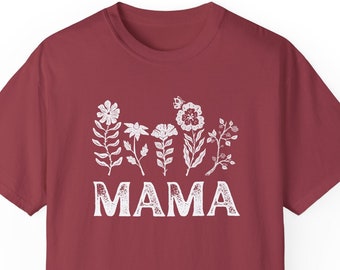 Red Comfort Colors T Shirt, MAMA | Folk Art Boho Flowers, Cottagecore Mother's Day, Vintage Style Floral Print Tee, Boho Red, Trendy Colors