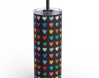 Rainbow Watercolor Hearts Design Matte Tumbler, valentine gift, cute and colorful drink cup