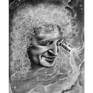 Può includere: Un disegno a matita in bianco e nero di un uomo con i capelli lunghi e ricci che guarda attraverso un telescopio. L'uomo è circondato da uno sfondo vorticoso di stelle.