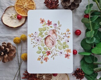Carte de voeux souris endormie | Fleur aquarelle | A6 | Art festif | Carte de voeux illustrée | joyeuses pâques | Printemps