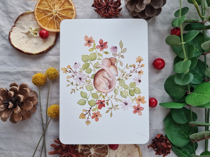 Carte de voeux souris endormie | Fleur aquarelle | A6 | Art festif | Carte de voeux illustrée | joyeuses pâques | Printemps image 1