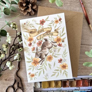 Carte d'anniversaire aquarelle - Lièvre, Lapin et fleurs - Carte illustrée nature - Carte fait main avec enveloppe kraft