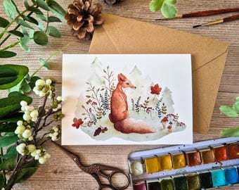 Carte de vœux Renard aquarelle A6 – Illustration nature – Carte anniversaire ou fête