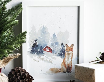 Affiche Renard neige | A5 A4 | décoration mural | décoration chambre enfant | aquarelle | affiche noël