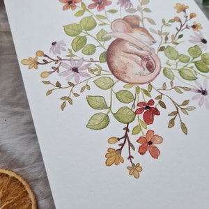 Carte de voeux souris endormie | Fleur aquarelle | A6 | Art festif | Carte de voeux illustrée | joyeuses pâques | Printemps image 4
