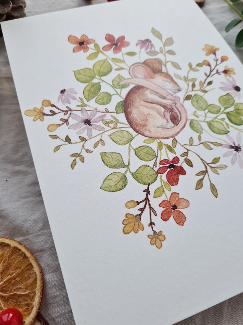 Carte de voeux souris endormie | Fleur aquarelle | A6 | Art festif | Carte de voeux illustrée | joyeuses pâques | Printemps image 4