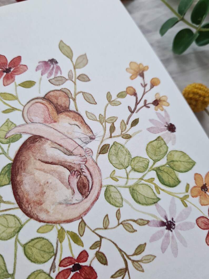 Carte de voeux souris endormie | Fleur aquarelle | A6 | Art festif | Carte de voeux illustrée | joyeuses pâques | Printemps image 6