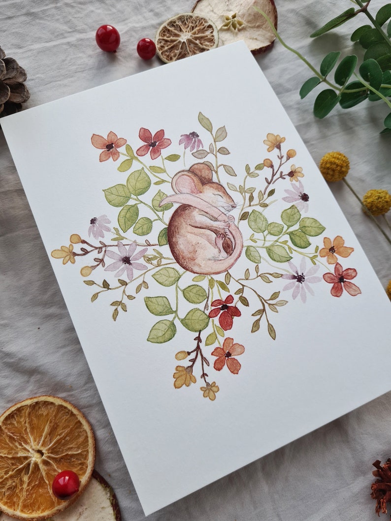 Carte de voeux souris endormie | Fleur aquarelle | A6 | Art festif | Carte de voeux illustrée | joyeuses pâques | Printemps image 2