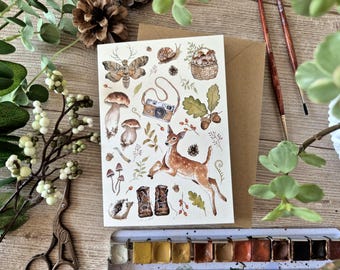 Carte d'anniversaire aquarelle - Ballade en forêt, cueillette de champignons- Carte illustrée nature - Carte fait main avec enveloppe kraft
