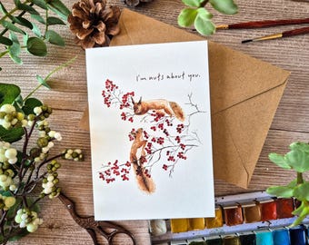 Carte d'anniversaire aquarelle - Écureuils amoureux - aquarelle réaliste- Carte illustrée nature - Carte fait main avec enveloppe kraft