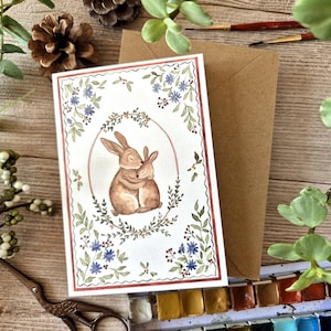 Carte de vœux Lapin aquarelle A6 – Illustration florale – Carte pour enfant, maîtresse, maman ou Pâques