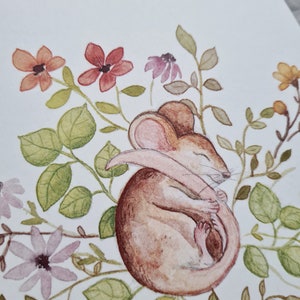 Carte de voeux souris endormie | Fleur aquarelle | A6 | Art festif | Carte de voeux illustrée | joyeuses pâques | Printemps image 5