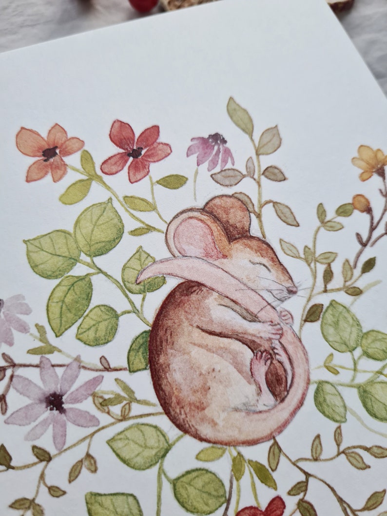 Carte de voeux souris endormie | Fleur aquarelle | A6 | Art festif | Carte de voeux illustrée | joyeuses pâques | Printemps image 5