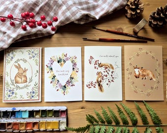 Lot de 4 cartes illustrées à l’aquarelle – Renard, écureuils, bouquet fleuri et lapins – Ambiance nature & forêt - Lot tendresse