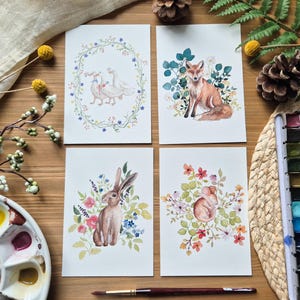 Lot de 4 cartes animaux des bois – Aquarelles faites main | Renard, lapin, souris, canards | Papeterie poétique et nature