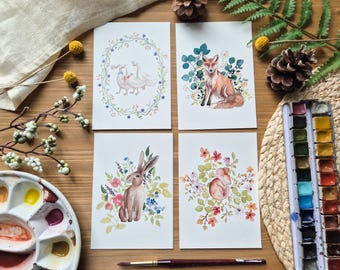Lot de 4 cartes animaux des bois – Aquarelles faites main | Renard, lapin, souris, canards | Papeterie poétique et nature
