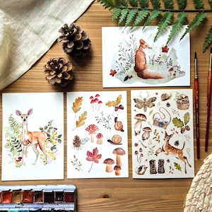 Lot de 4 cartes postales nature – Aquarelles forêt, animaux sauvages, botanique, champignons, chevreuil, renard - Fait main - carte de vœux