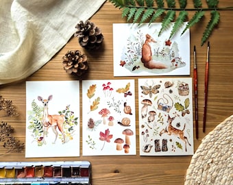 Lot de 4 cartes postales nature – Aquarelles forêt, animaux sauvages, botanique, champignons, chevreuil, renard - Fait main - carte de vœux