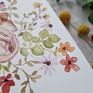 Carte de voeux souris endormie | Fleur aquarelle | A6 | Art festif | Carte de voeux illustrée | joyeuses pâques | Printemps image 3