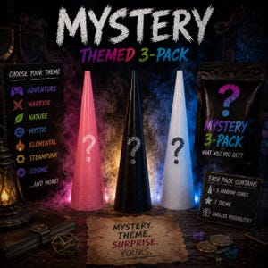 May include: A mystery themed 3-pack set featuring three tall conical objects in pink, black, and white, each marked with a question mark. The display includes signage listing themes like adventure, warrior, nature, mystic, elemental, steampunk, and cosmic.