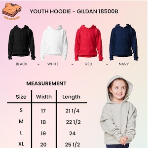 Puede incluir: Imagen de sudaderas con capucha juveniles en negro, blanco, rojo y azul marino. Se incluye una tabla de medidas que detalla las tallas S a XL, con anchos de 43 a 51 cm y largos de 54 a 65 cm. Se muestra el texto "YOUTH HOODIE - GILDAN 18500B".