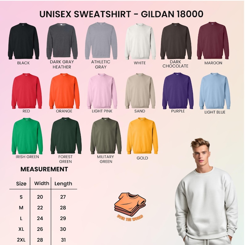 Puede incluir: Una exhibici&oacute;n de sudaderas unisex Gildan 18000 en varios colores, incluyendo negro, gris, rojo, naranja y verde. La imagen incluye una tabla de tallas con medidas en cm y un gr&aacute;fico de camisetas apiladas.